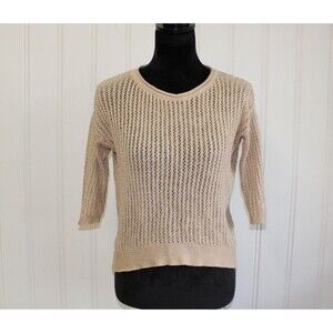 Stile Benetton Womens Open Knit Mesh Hi-Low Sweater Size Medium Tan‎ 3/4 Sleeves